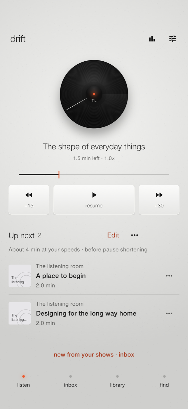 Drift Listen screen in light appearance: a tape reel, source-time timeline, physical playback keys, Up next queue and four-tab navigation.