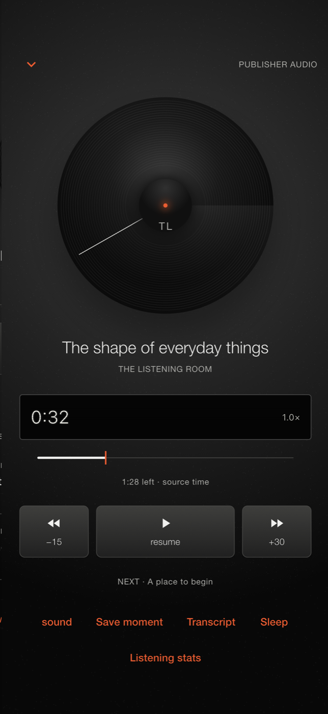 Drift’s dark player with tape reel, source-time display, playback controls, sound, saved moments, transcript and sleep timer.